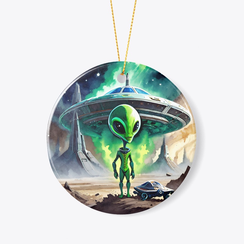 Space alien in front of a spaceship