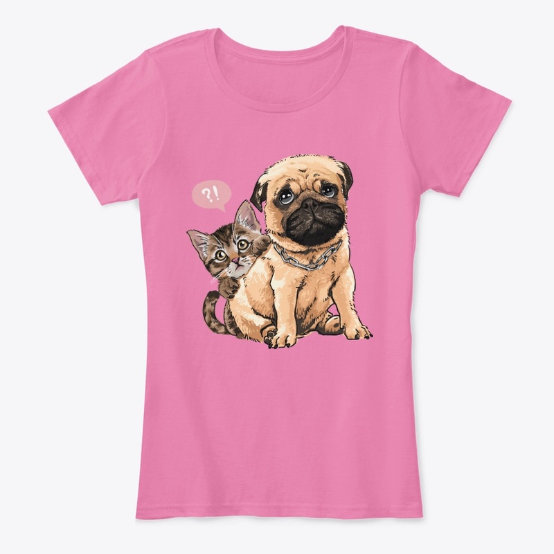 Kitten is hiding behind the pug dog