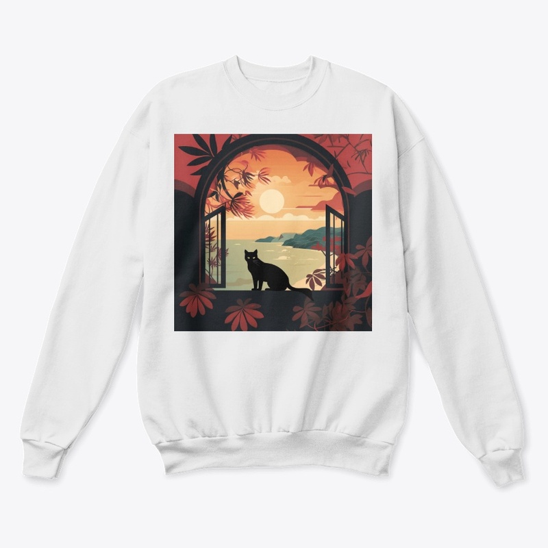 Cat In The Window At Sunset View Of The