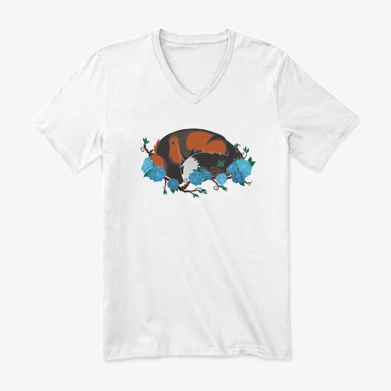 Laying fox with blue roses