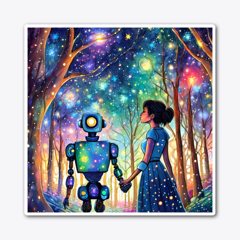 Robot and woman holding hands