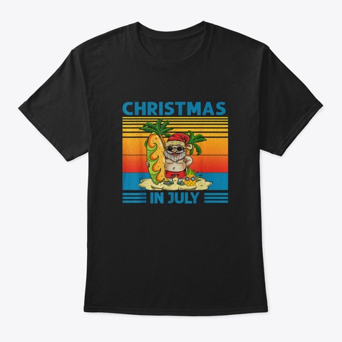 Christmas In July Santa Hawaiian Surfing Black T-Shirt Front