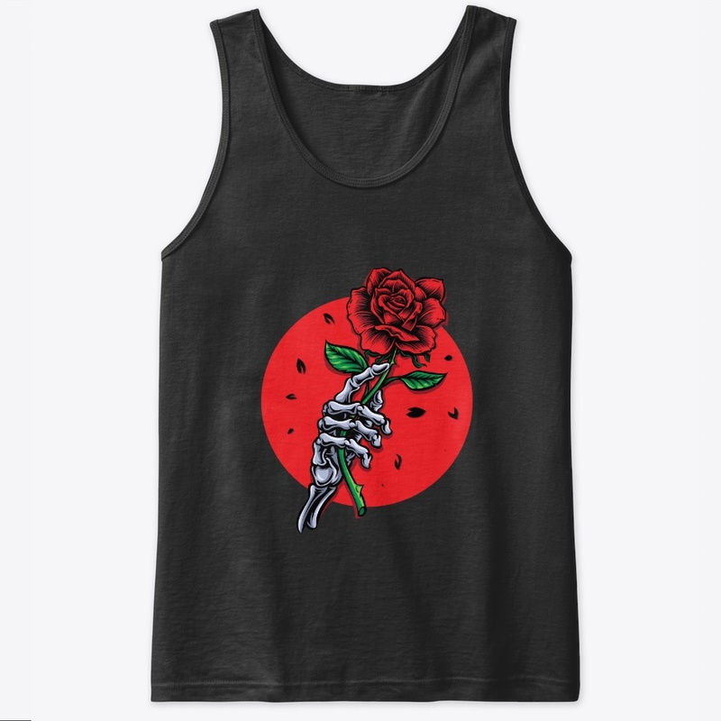 Skeleton hand holding rose