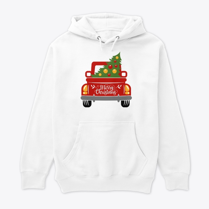 Vintage red trucks with christmas tree