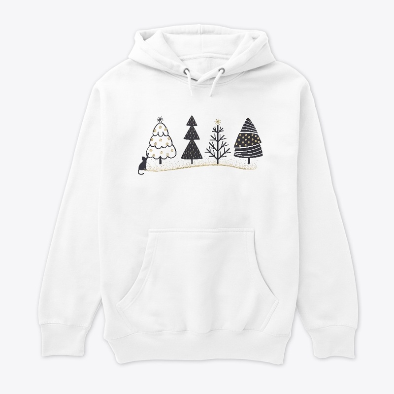 Winter night Christmas trees with cat