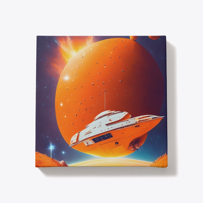 A spaceship in front of an orange