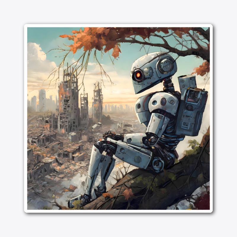 Robot looking at a ruined city
