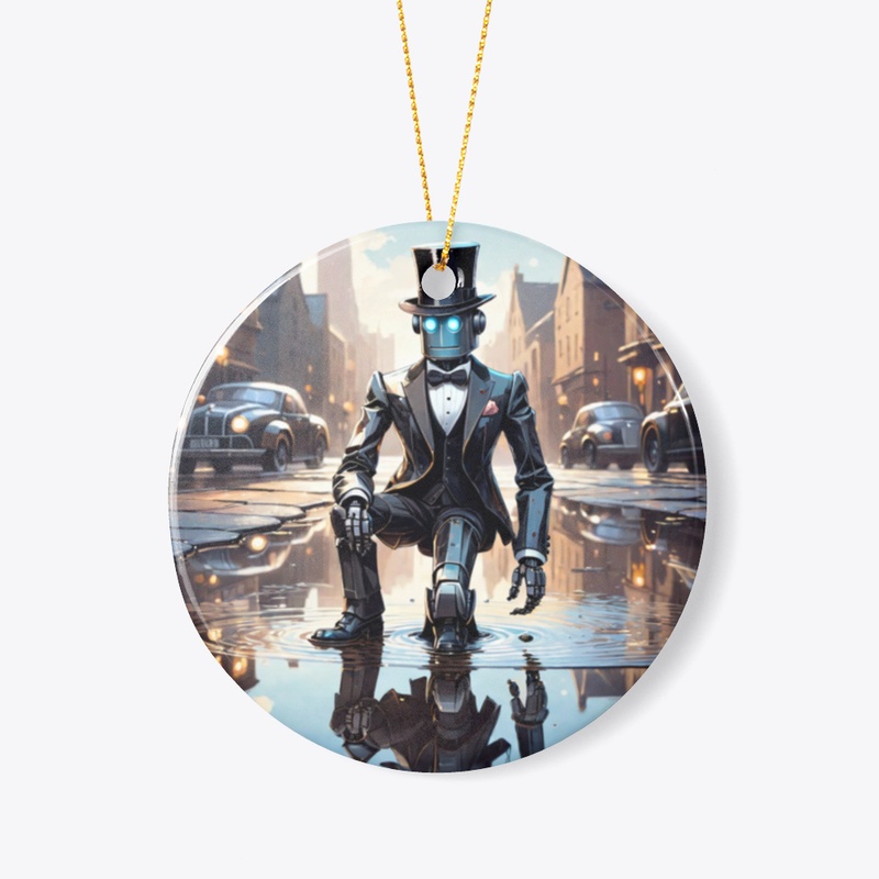 A robot in a tuxedo and a bowler hat