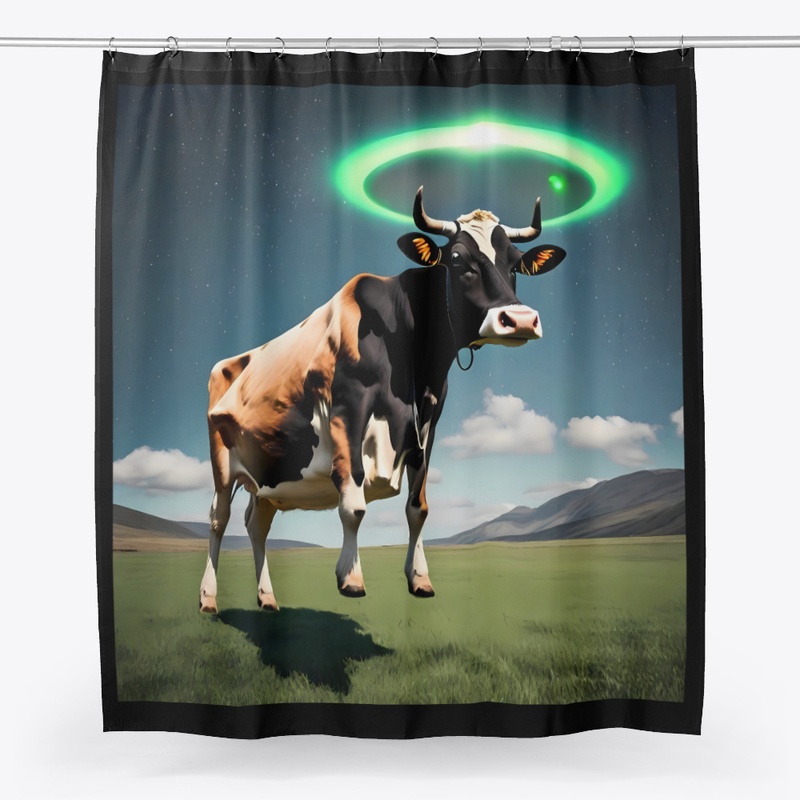 A cow being levitated by a spacecraft