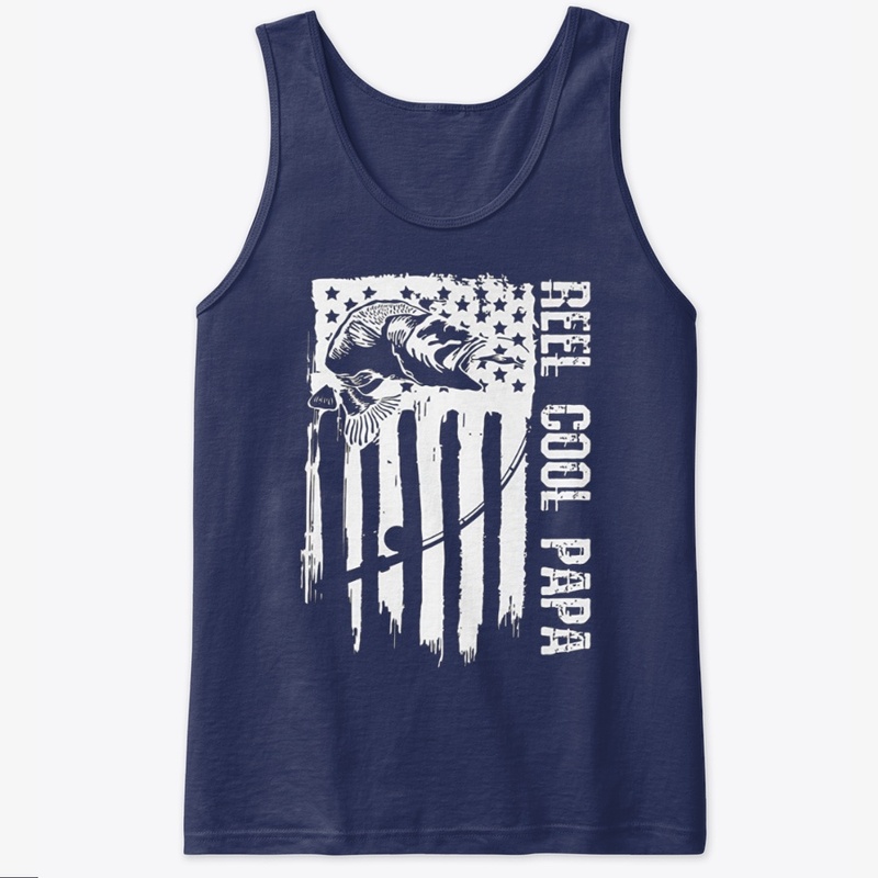 Mens Reel Cool Papa Fishing Flag USA Tee