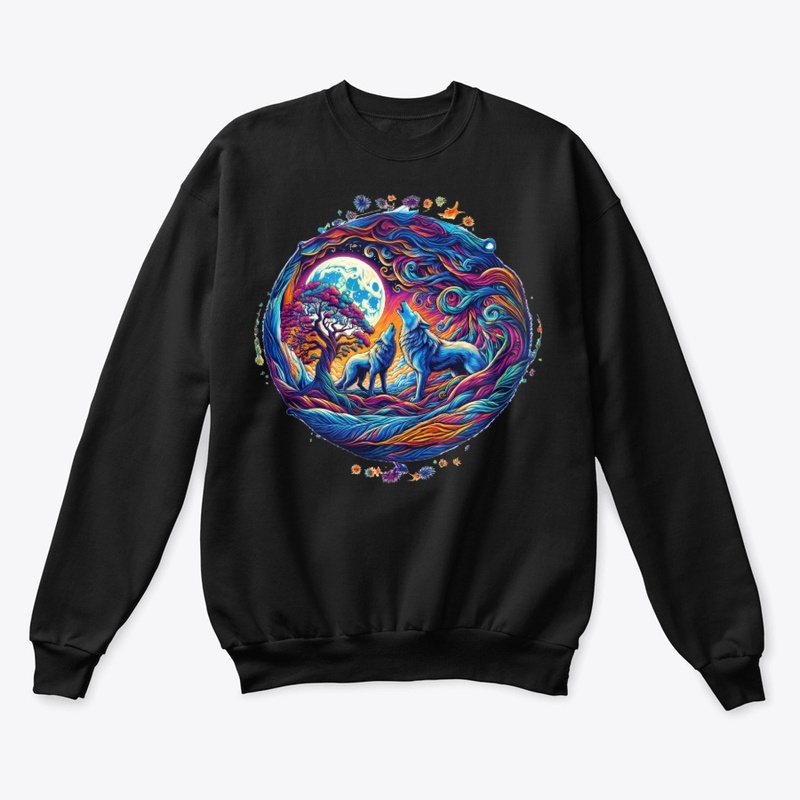 retro design of wolves at night 