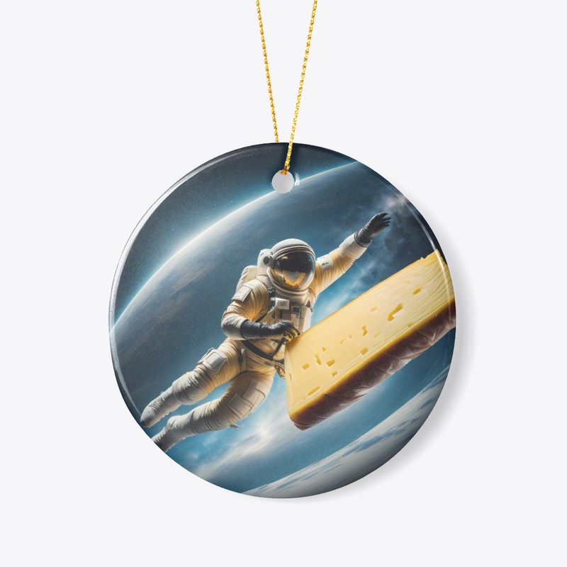 A spaceman chasing a piece of cheese