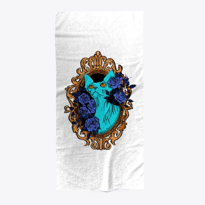 Neon Blue Sphynx Cat Surrounded by Roses
