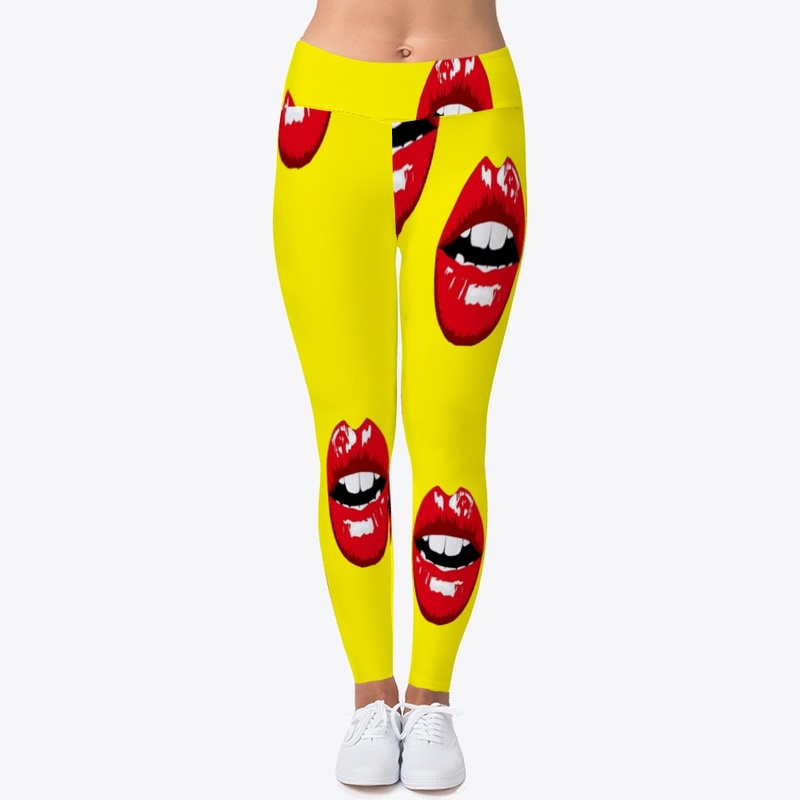 Red glossy lips on yellow