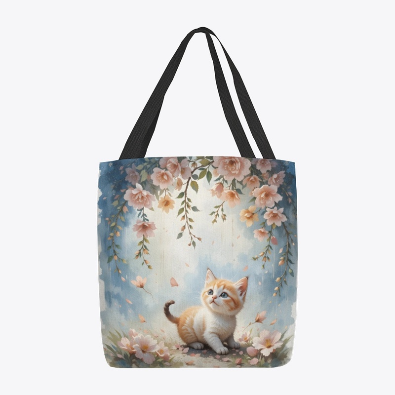 Kitten playing under falling flowers