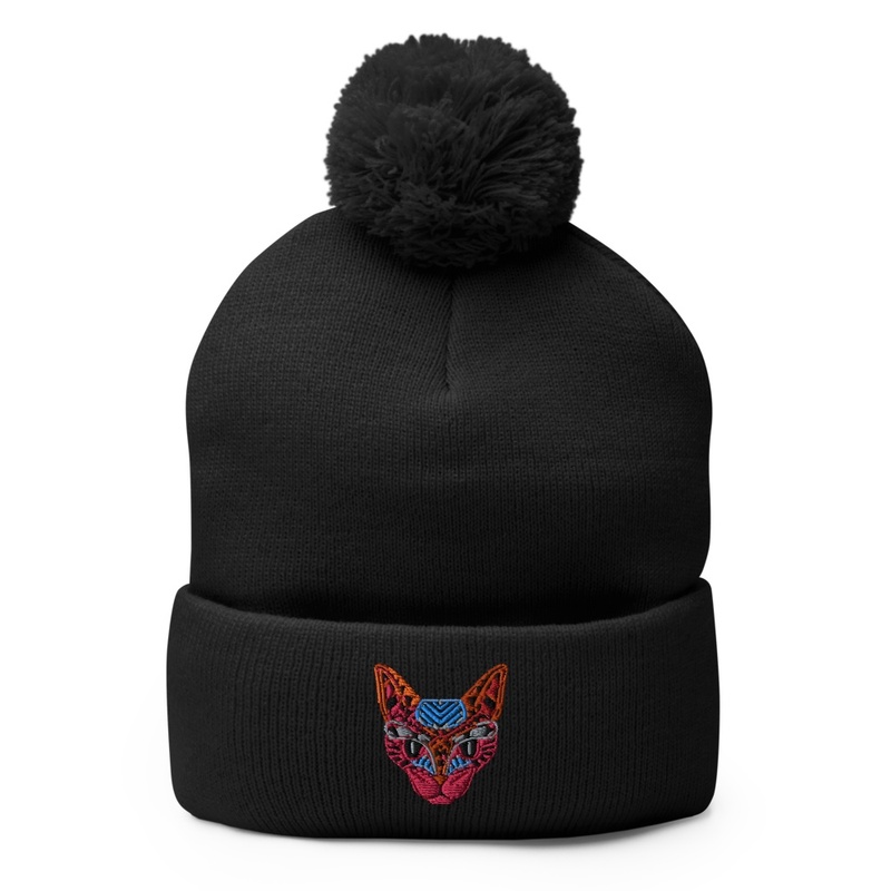 Black Neon Cat Pom Pom Knit Cap