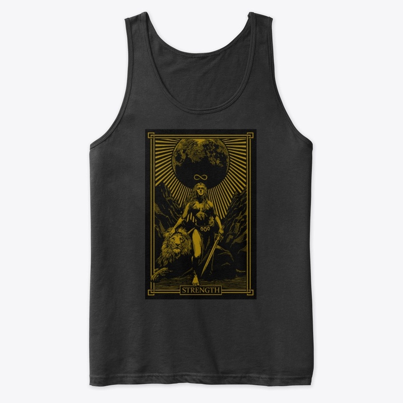 STRENGTH TAROT ORANGE ON BLACK DESIGN