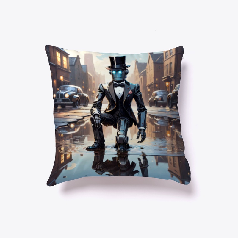 A robot in a tuxedo and a bowler hat