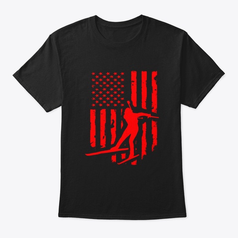 American Usa Flag Nordic Skiing Black T-Shirt Front