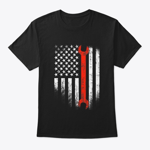 American Flag Mechanic Wrench Patriotic  Black T-Shirt Front
