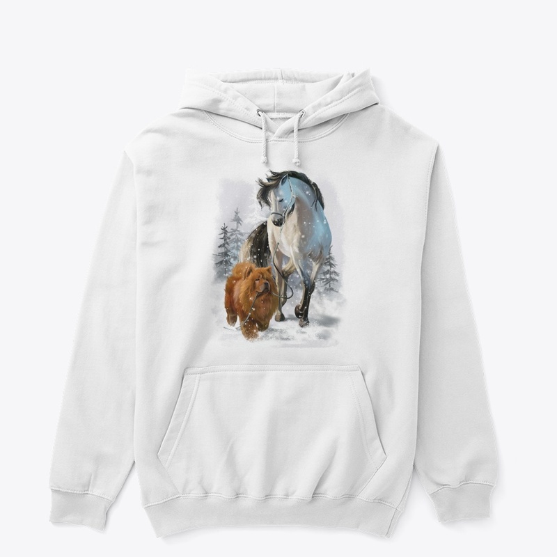 A dog is holding the horse's rope