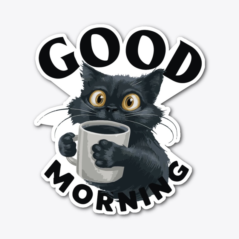 CYTE BLACK CAT WITH CUP OF COFFEE
