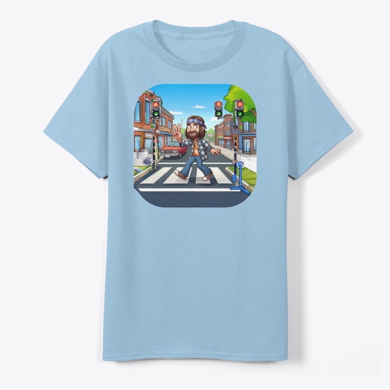 A hippie crossing a street