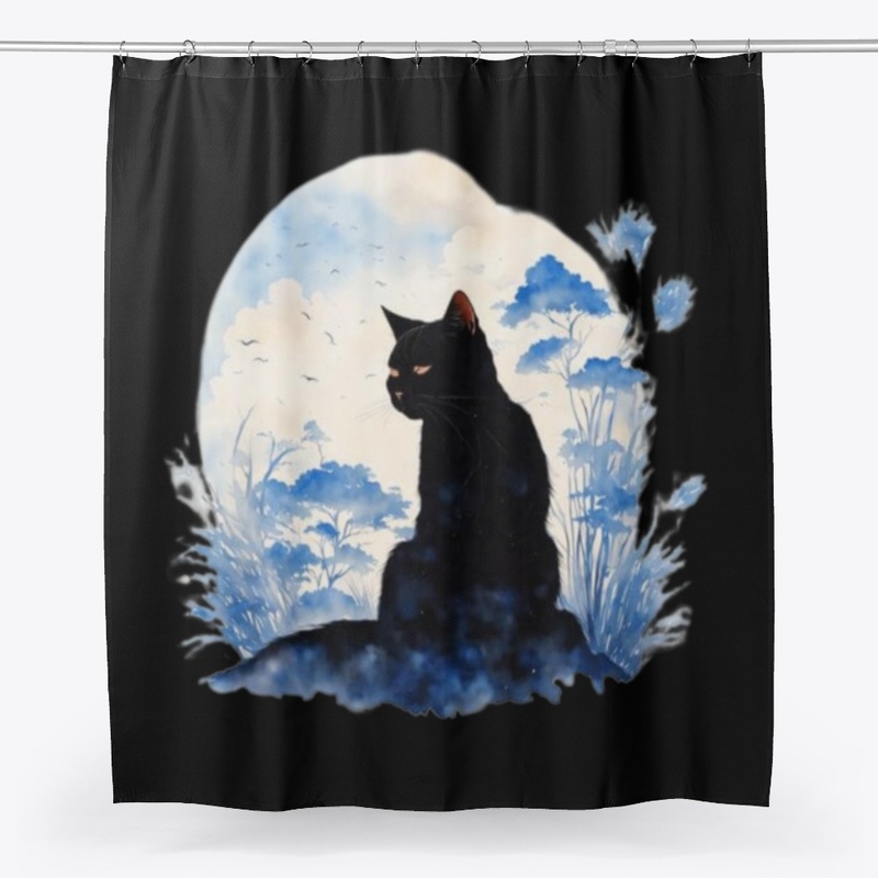 Black Cat Among Blue Flowers