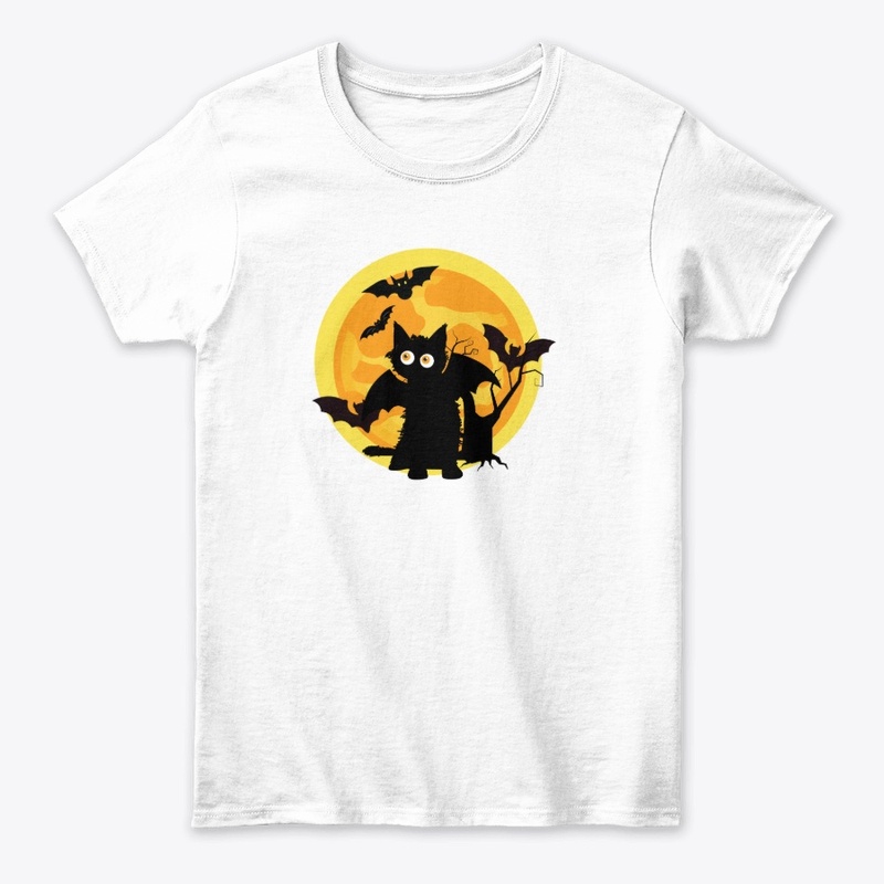 Halloween cat, bats, and moon silhouette