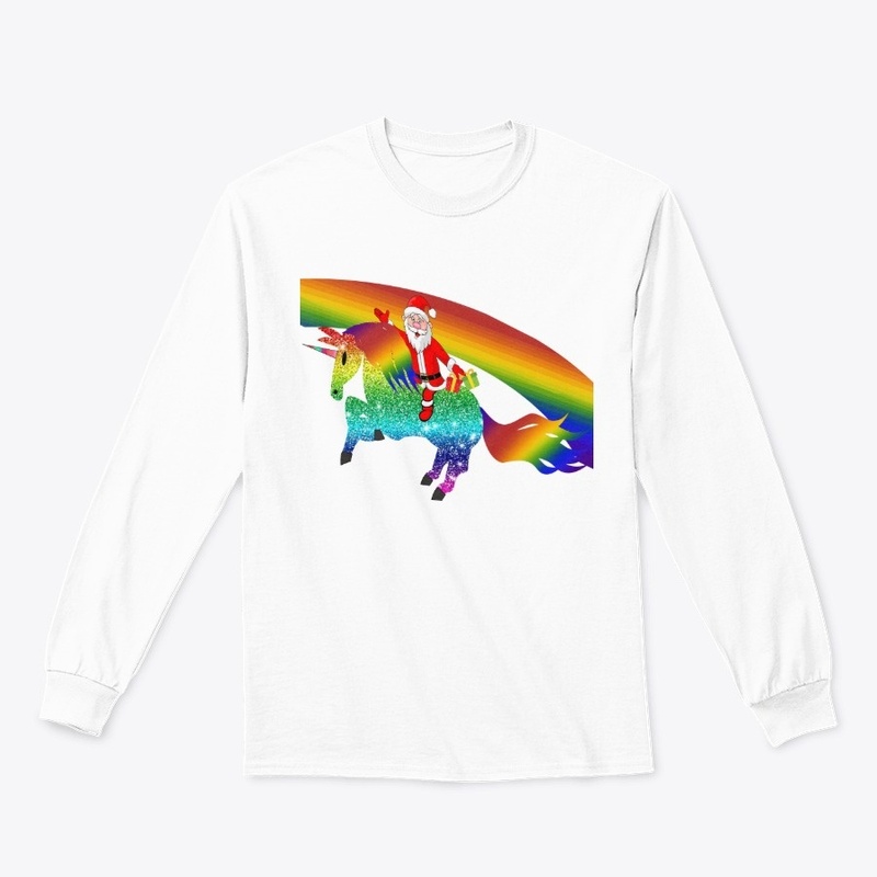 Santa riding unicorn, Christmas gifts