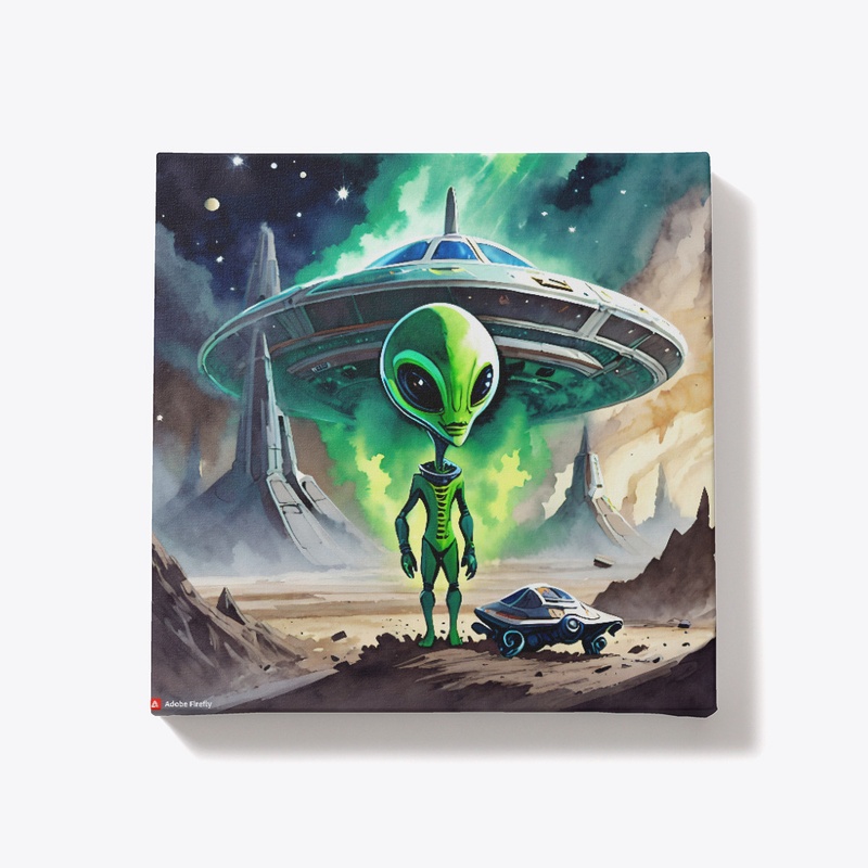 Space alien in front of a spaceship