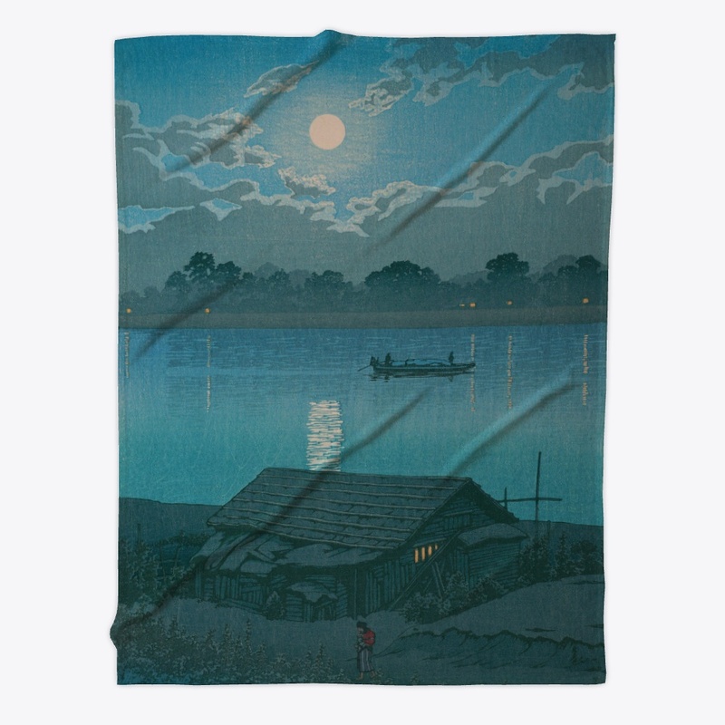 Ukiyoe river with moon by Hasui Kawase 