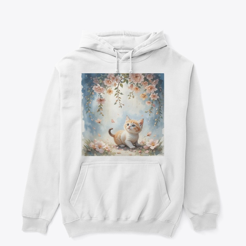Kitten playing under falling flowers
