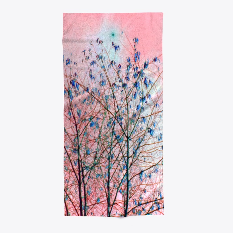 pink sky blue tree