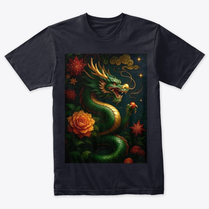 Golden Horned Dragon Night Sky Flowers