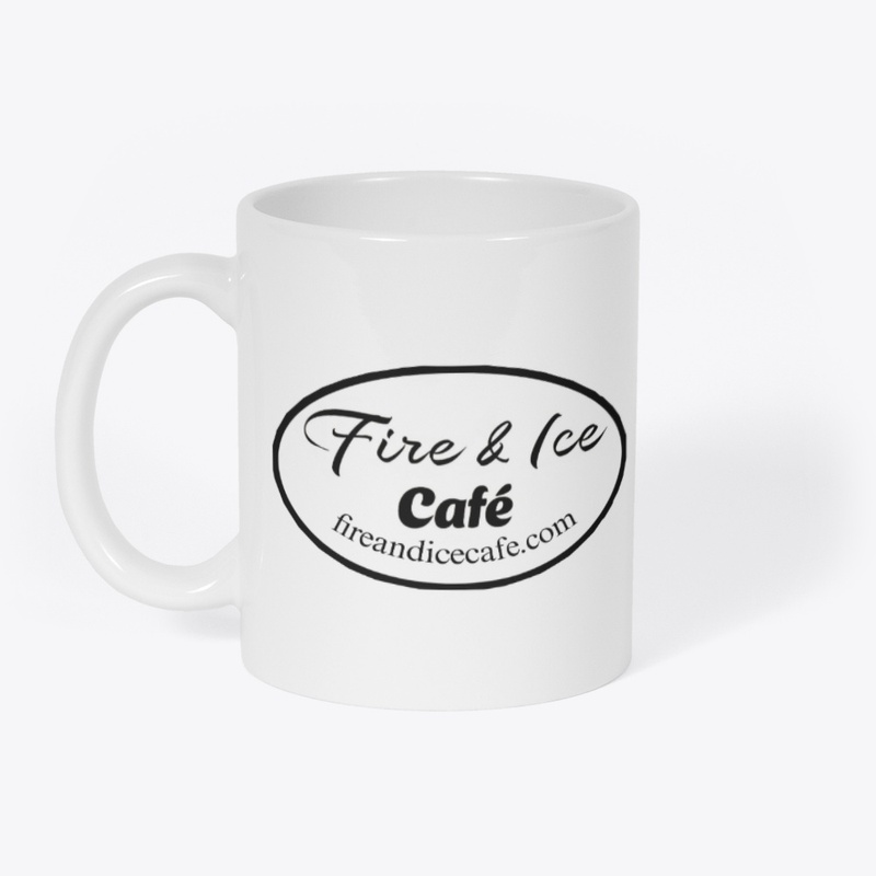 Fire and Ice Cafe white logo mug 
