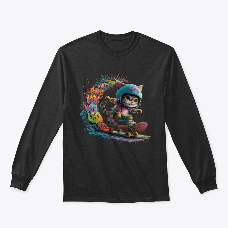 Cat skiing down a street of colors