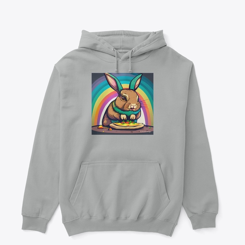 Bunny eating a taco under a rainbow