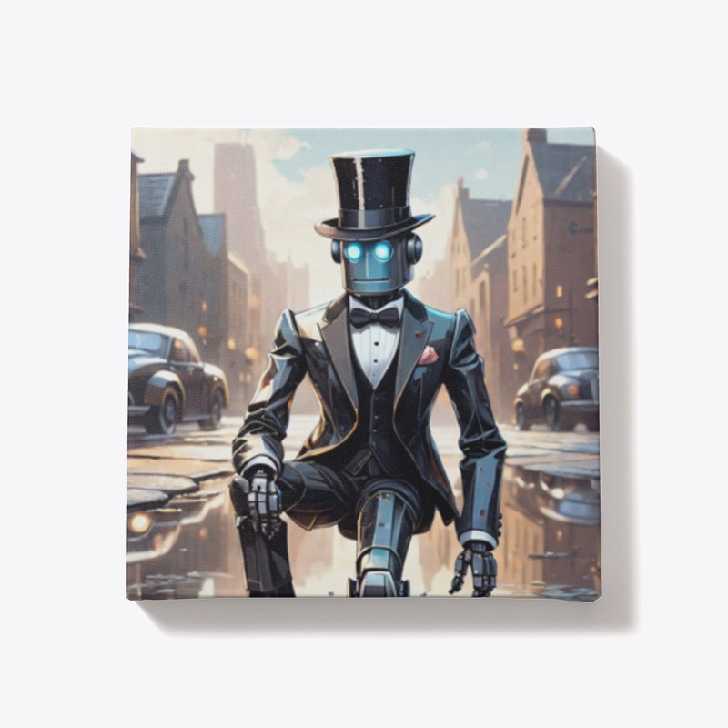 A robot in a tuxedo and a bowler hat