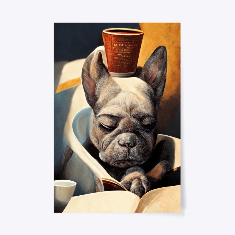 Frenchie with a coffee