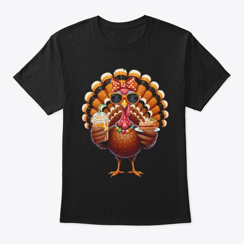 Turkey Drinking Coffee Bow Thanksgiving Black áo T-Shirt Front
