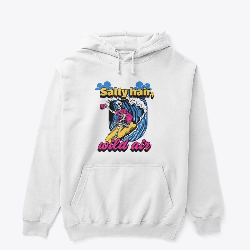 Salty hair, wild air. Surfing skeleton