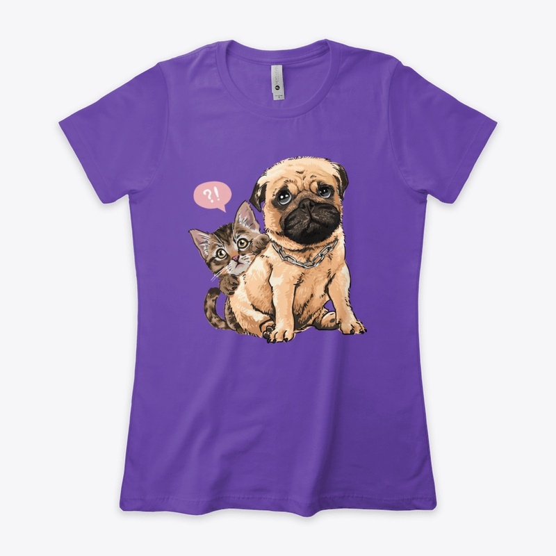 Kitten is hiding behind the pug dog