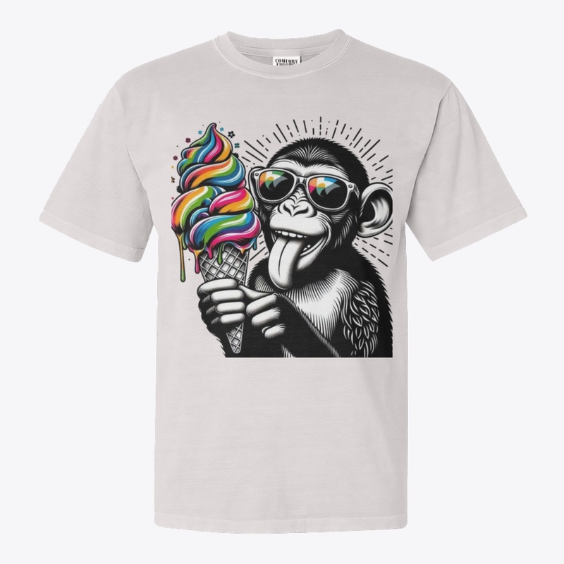 playful monkey with a rainbow ice cream