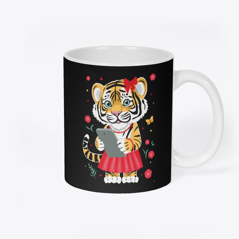 Cute Holiday Tiger with a cell phone