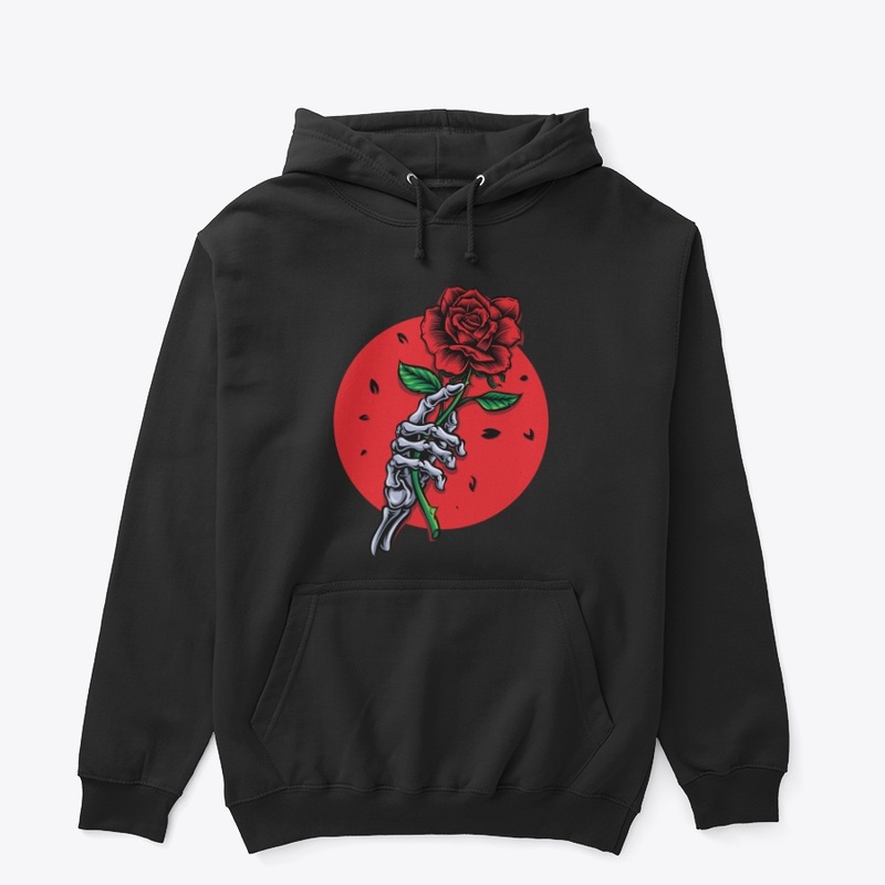 Skeleton hand holding rose