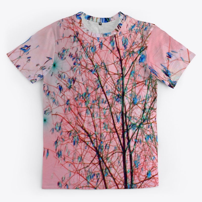 pink sky blue tree