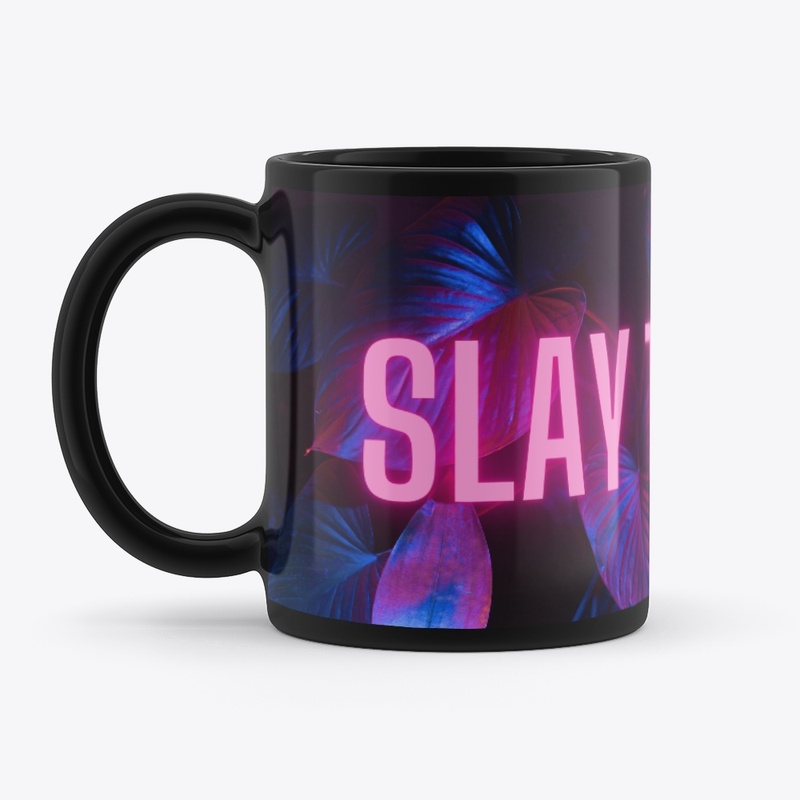 Black mug with neon pink quote