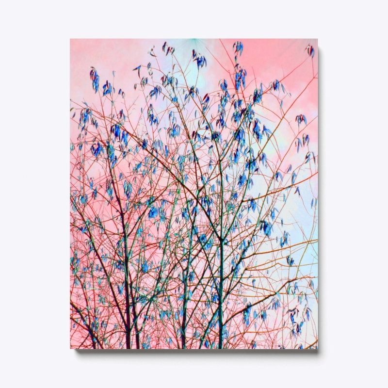 pink sky blue tree