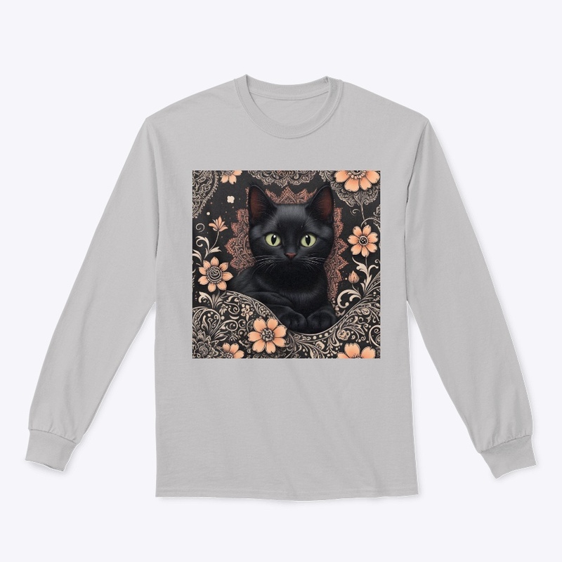 Cute whimsical black cat long sleeve tee